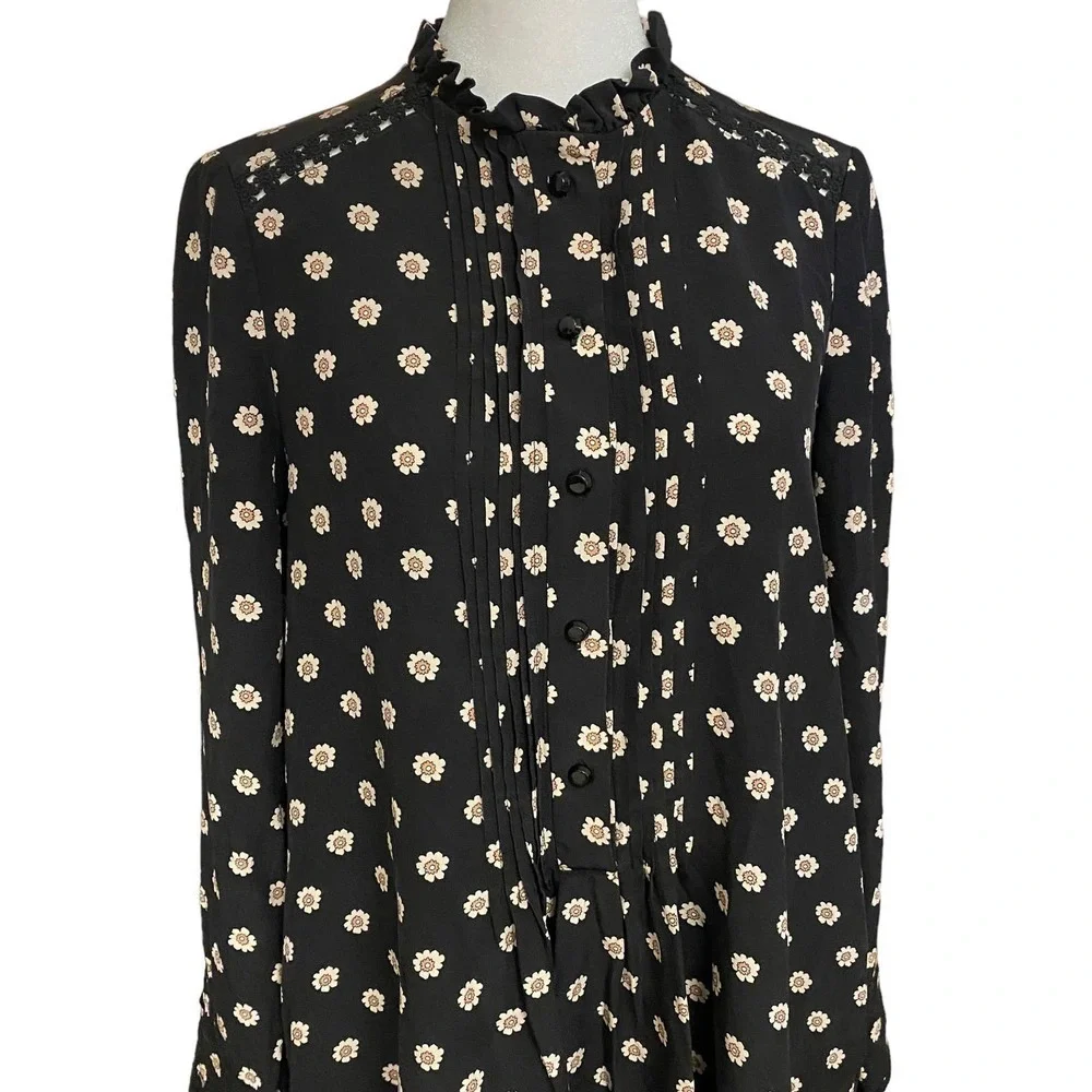 Kate Spade Ditsy Floral Pintuck Pleats Daisy Crochet Trim Popover Silk Black XS